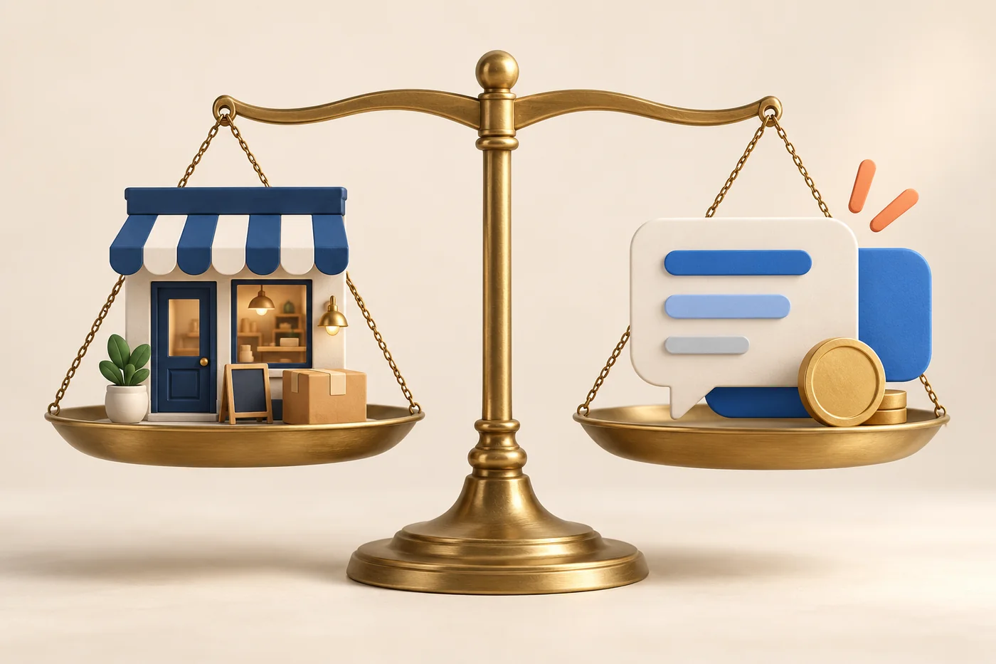 Balance scale comparing a small-business storefront with a conversational advertising card