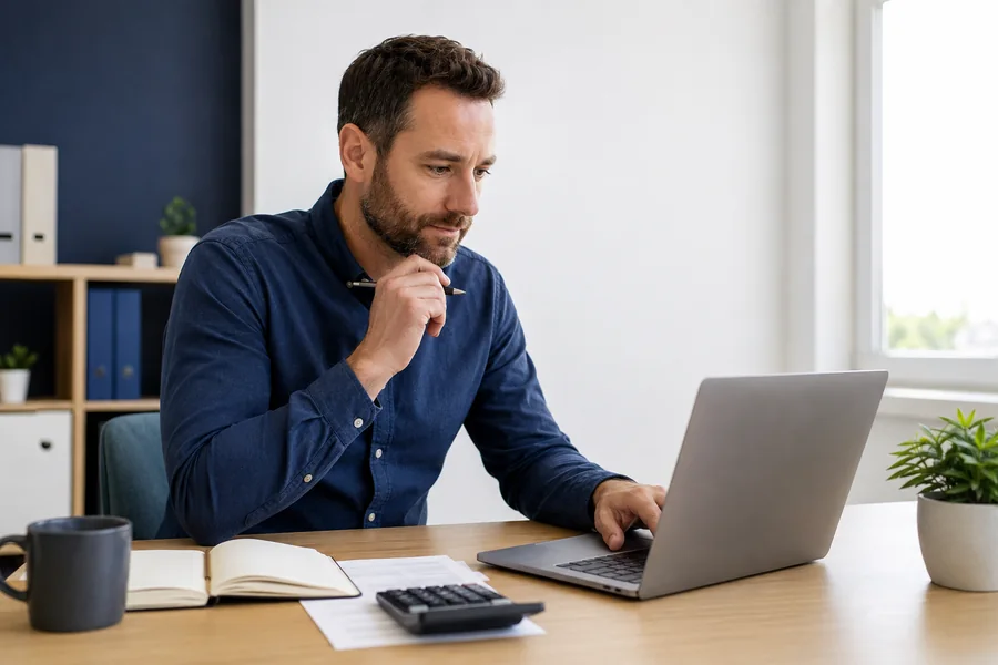Small-business owner reviewing a Google Ads budget on a laptop with a calculator