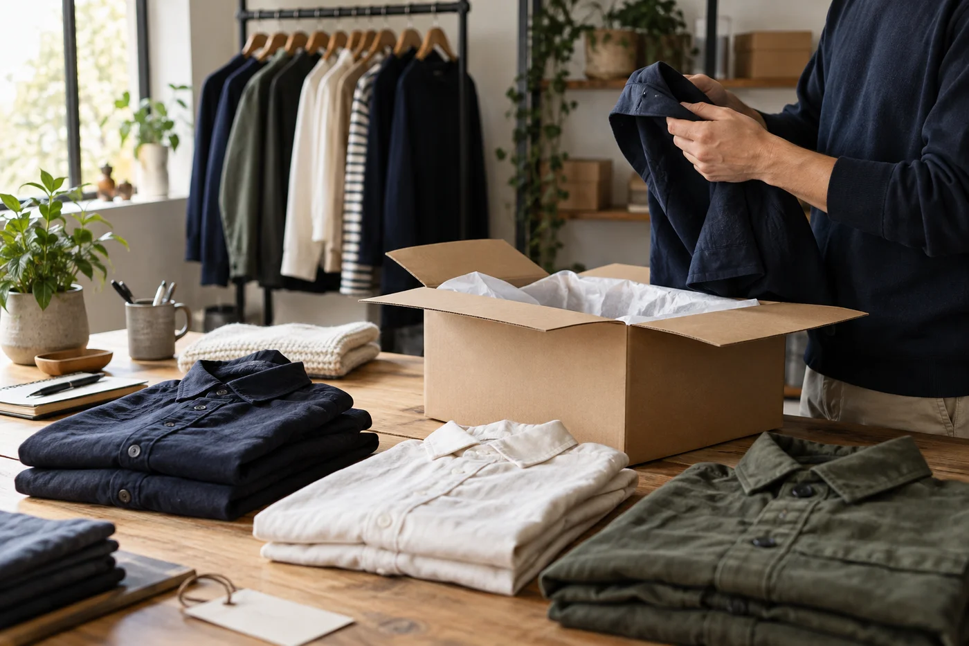 Apparel store owner checking a folded shirt before packing an order