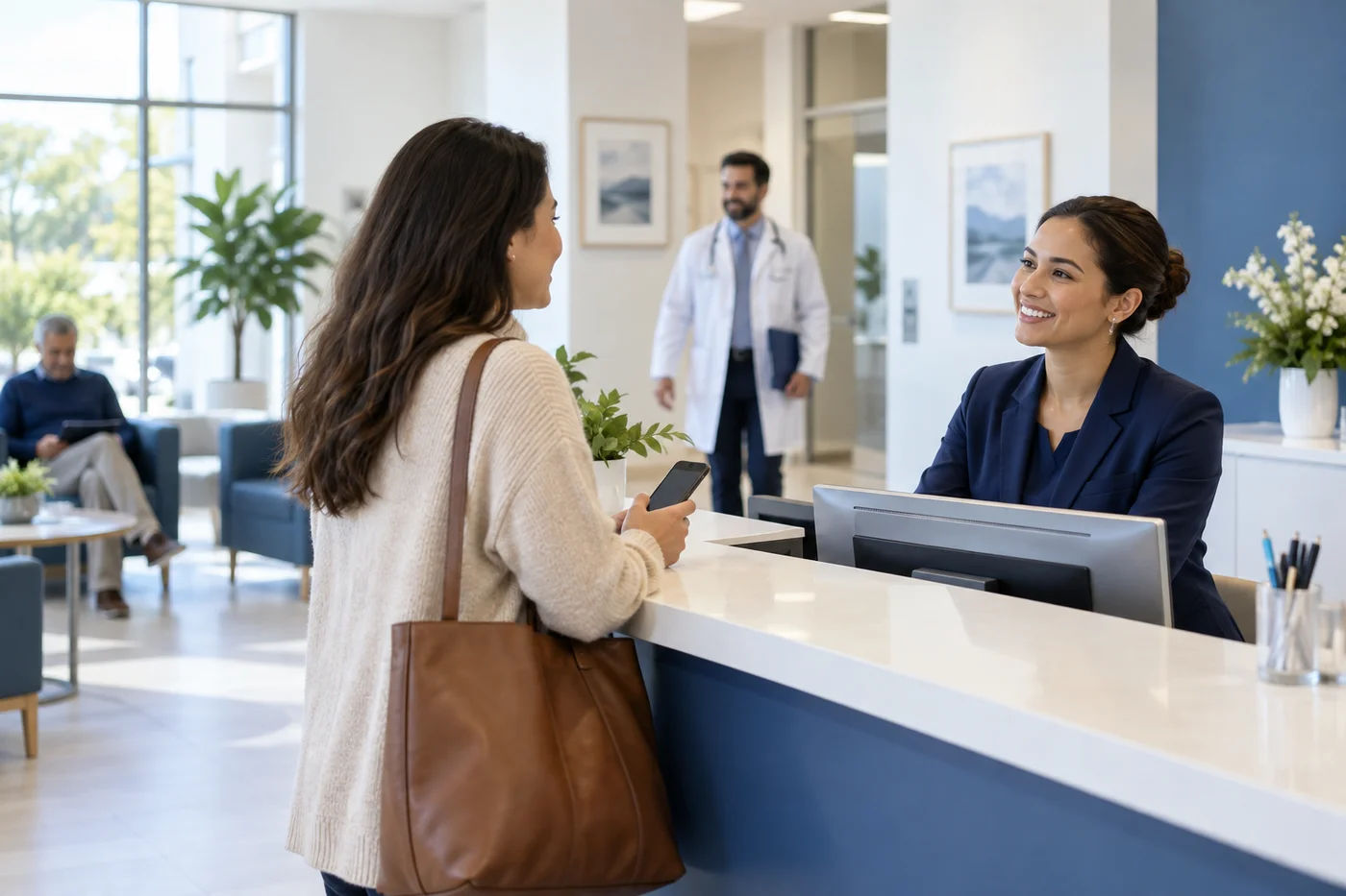Patient checking in at a modern healthcare practice after finding the clinic online