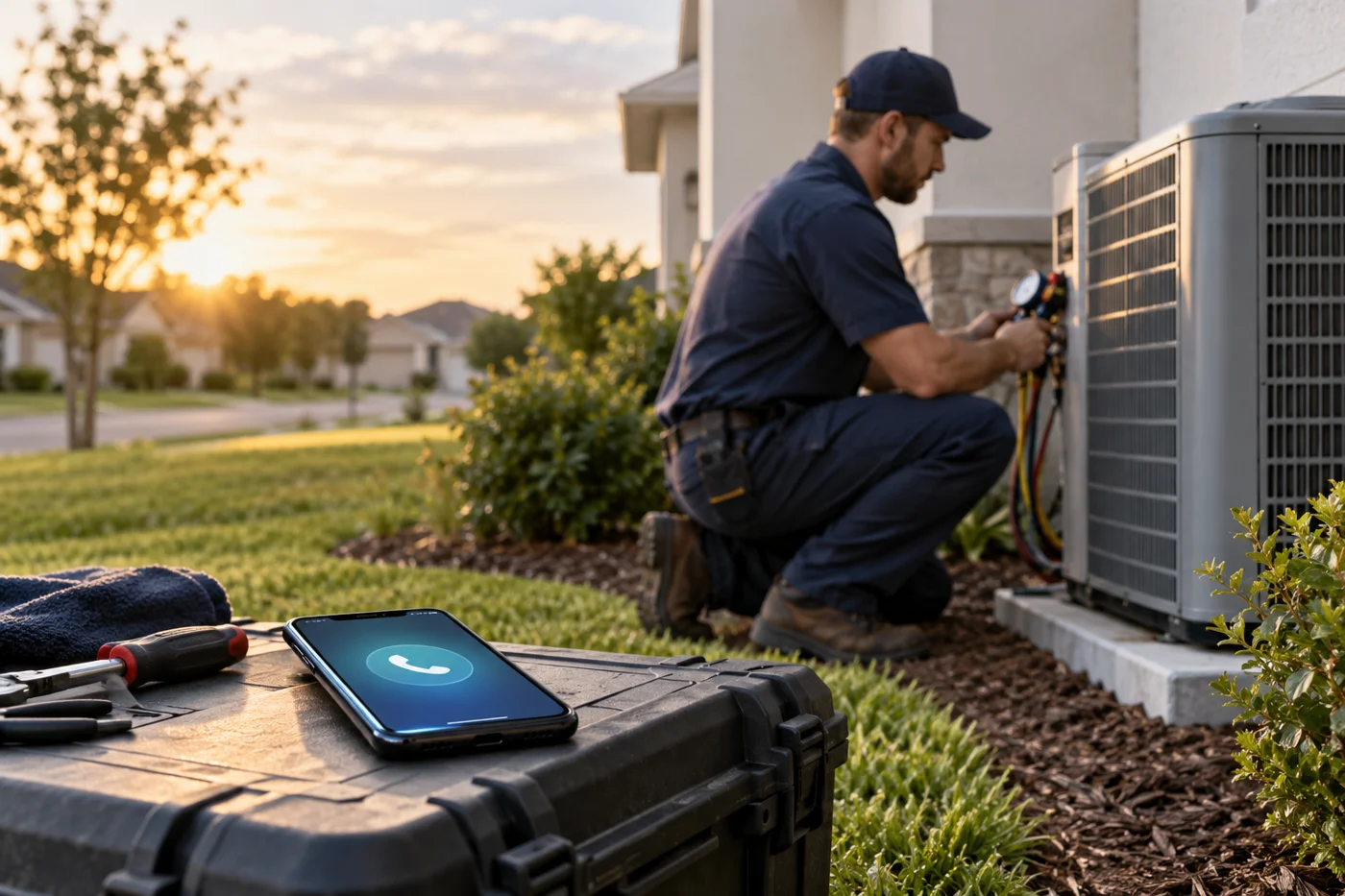 HVAC technician servicing a residential air conditioner while a new customer call arrives