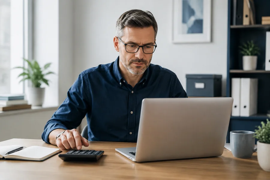 Business owner reviewing a ChatGPT Ads budget on a laptop with a calculator