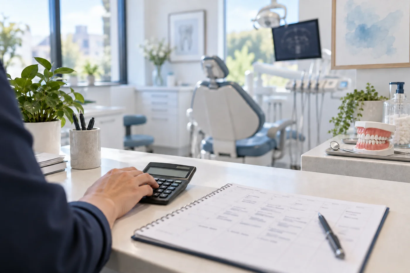 Dental practice manager calculating advertising costs in a modern clinic