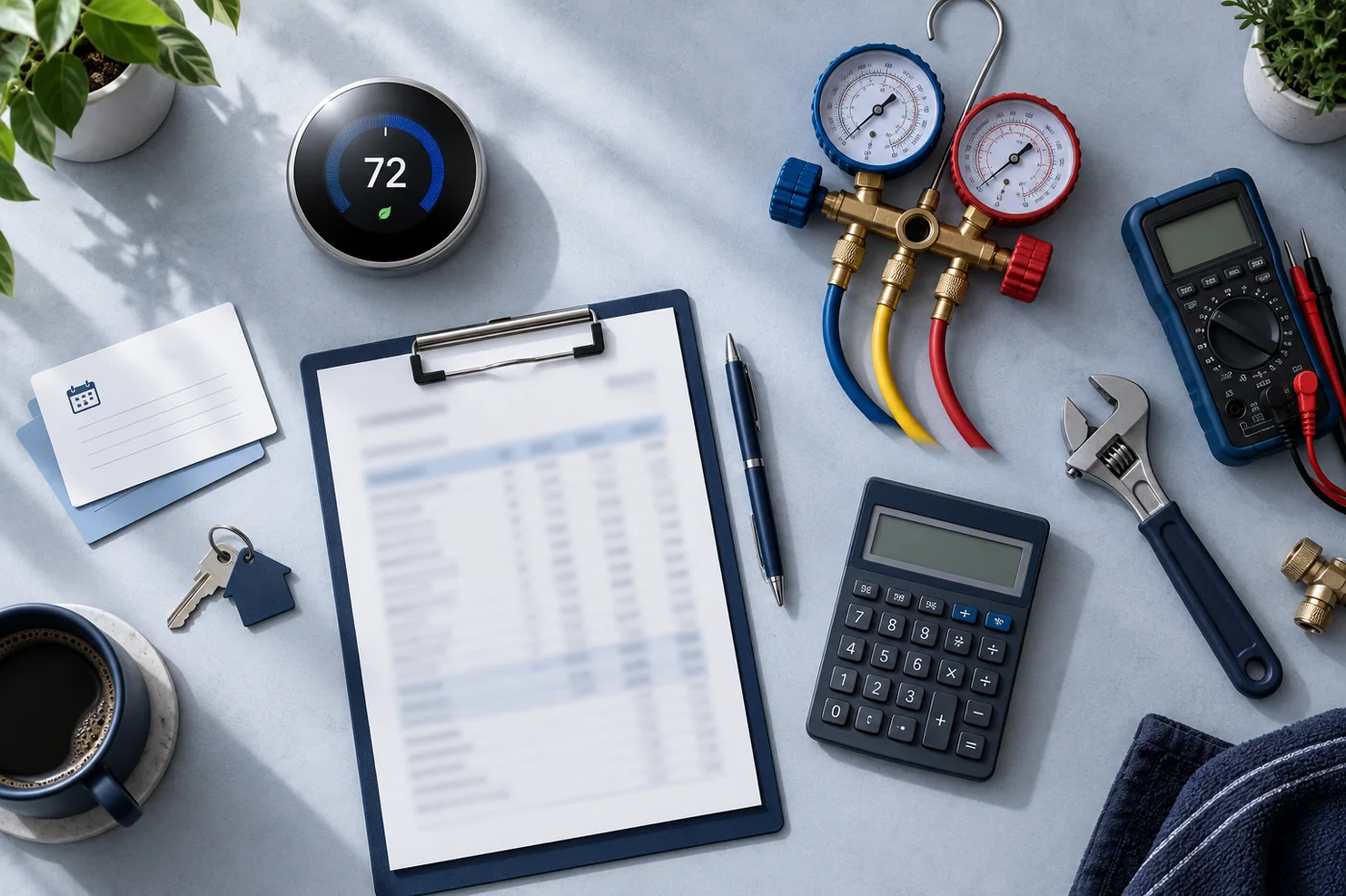 HVAC budgeting workspace with thermostat, service tools, calculator and appointment notes