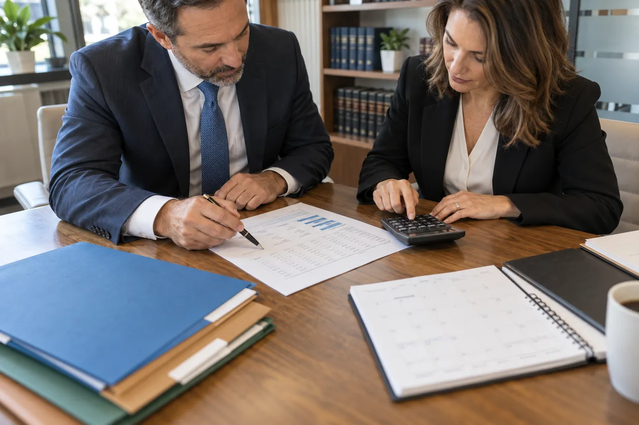 Law firm partners reviewing an advertising budget worksheet and calculator