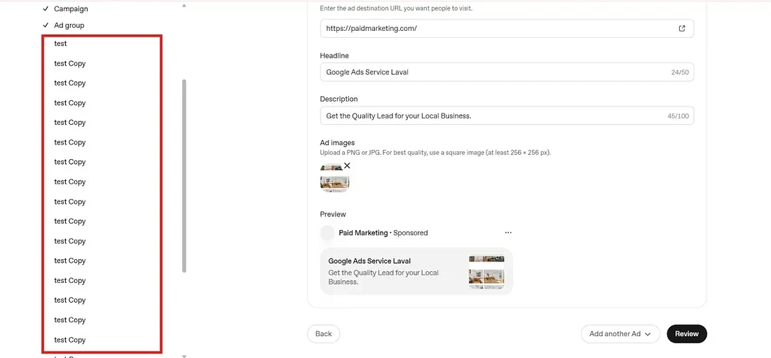ChatGPT Ads builder sidebar showing many duplicated ads listed as test Copy
