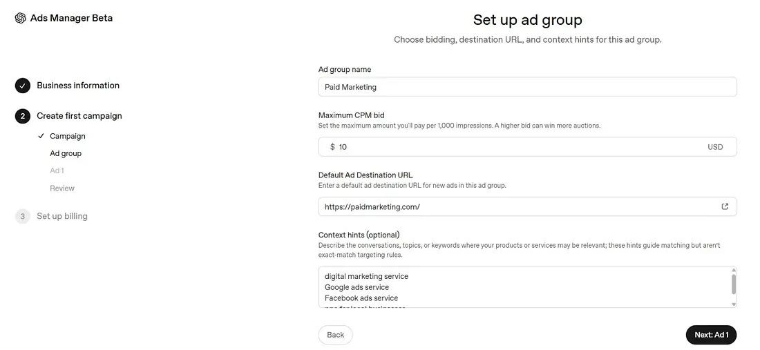 ChatGPT Ads ad group setup showing maximum CPM bid, destination URL and context hints entered as a list