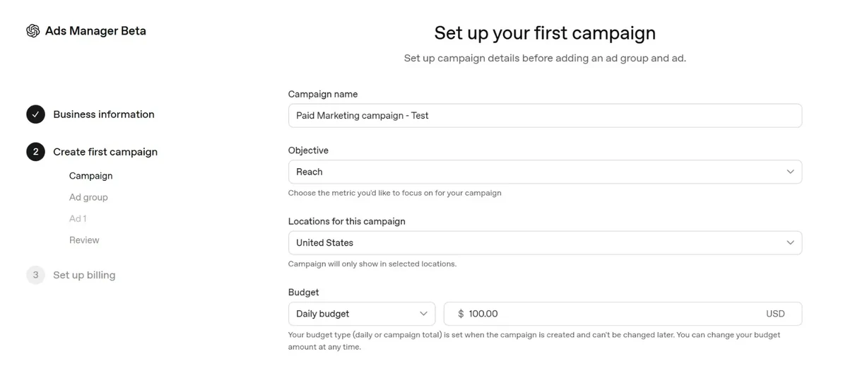 ChatGPT Ads Manager campaign setup screen