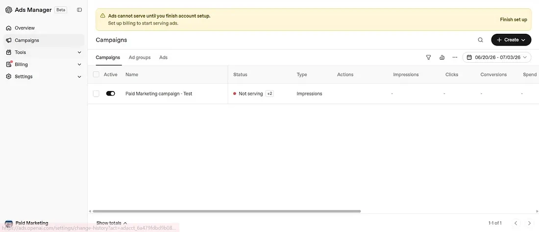 ChatGPT Ads dashboard showing a campaign with status Not serving and a warning that ads cannot serve until account setup is finished