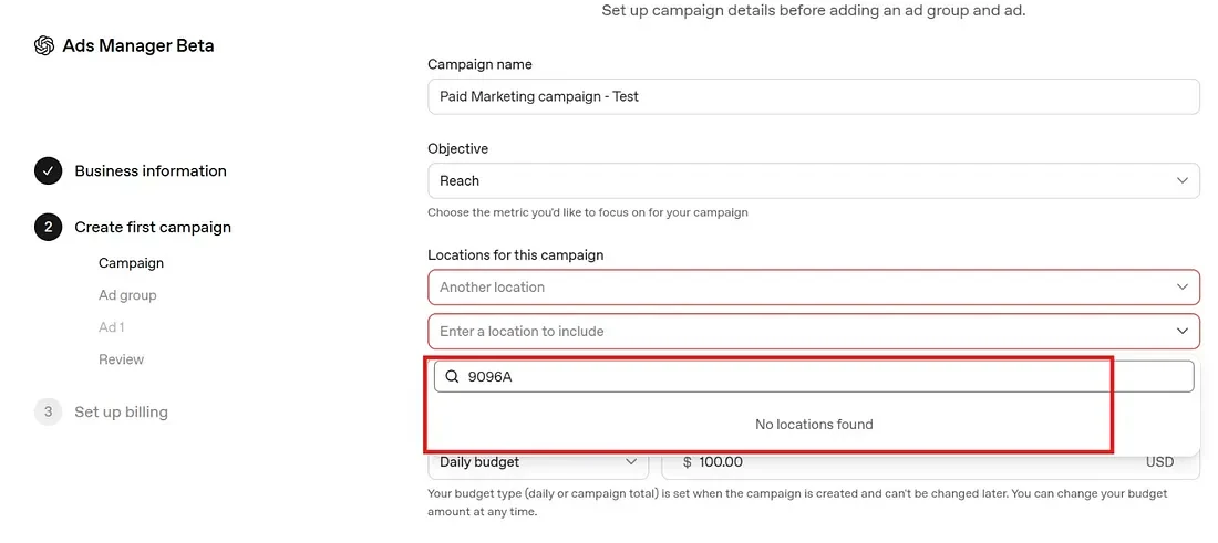 ChatGPT Ads location targeting search returning no locations found for a postal code