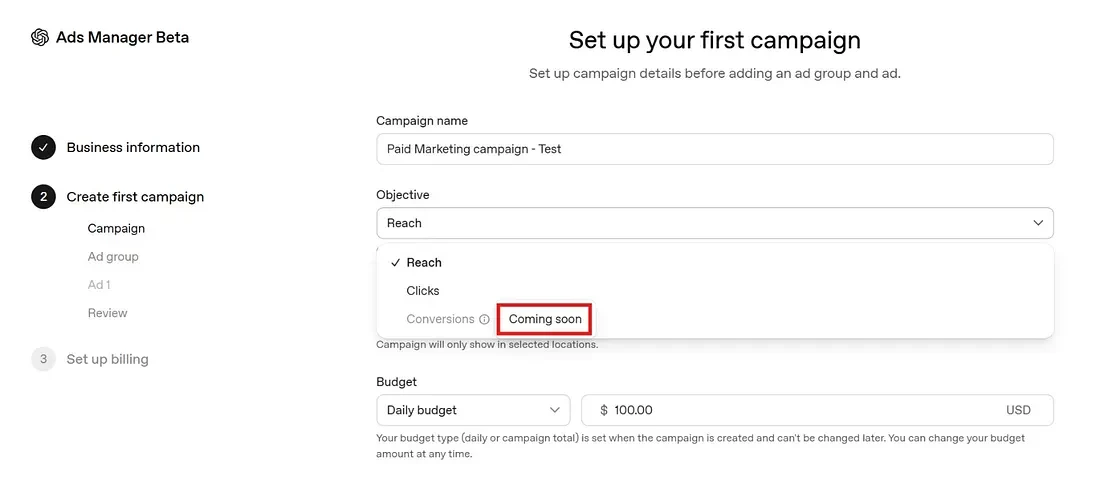 ChatGPT Ads objective dropdown showing Reach, Clicks and Conversions marked coming soon