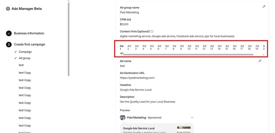 ChatGPT Ads review screen showing 21 ads numbered Ad 1 through Ad 21 in a single ad group