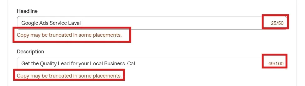 ChatGPT Ads headline at 25 of 50 characters and description at 49 of 100, both showing a copy may be truncated warning