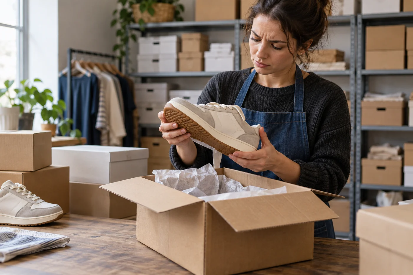 Ecommerce store operator inspecting a returned shoe beside an open parcel